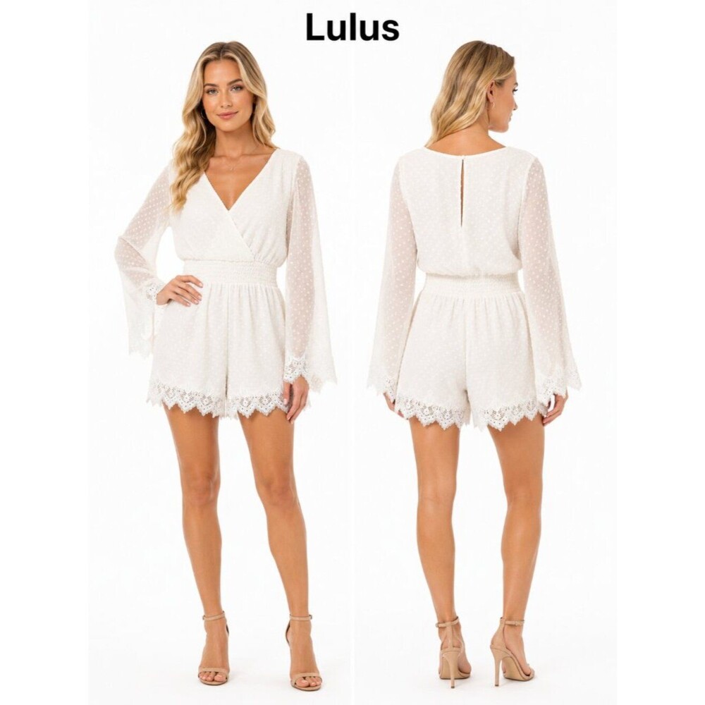 Lulus Swiss Dot Lace Trim Romper Women White Long Sleeve Boho Size M Elegant